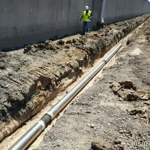 Long open trench along the floodwall with a continuous run of installed pipe bedded in the trench bottom