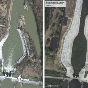 Side-by-side aerial comparison of the outlet channel, the left panel with work underway and the right panel after completion (aerial imagery: Google Earth / DigitalGlobe)